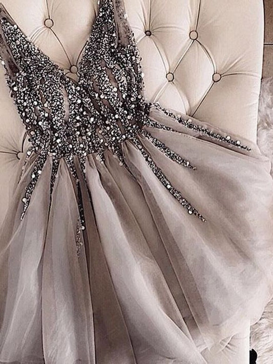 A-Line/Princess Sleeveless V-neck Tulle Sequin Short/Mini Dresses