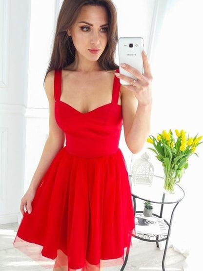 Vestidos cortos/mini de corte A/princesa, sin mangas, con tirantes y tul con volantes