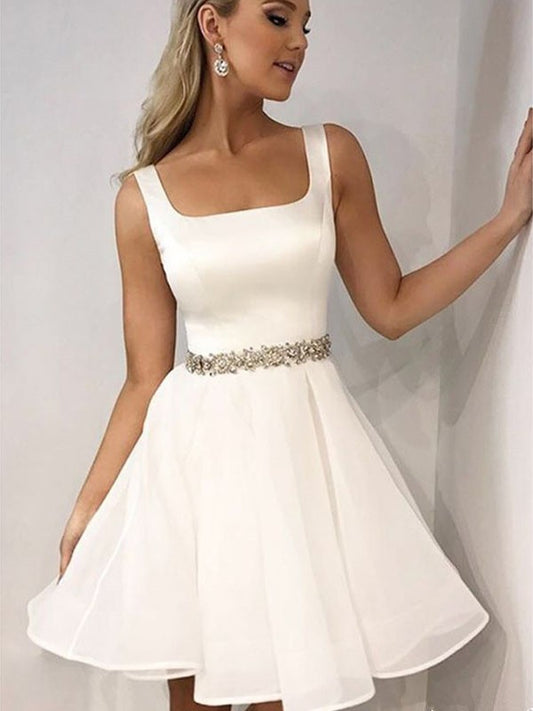 Vestidos cortos/mini de corte A/princesa, sin mangas, con tirantes de organza y cuentas