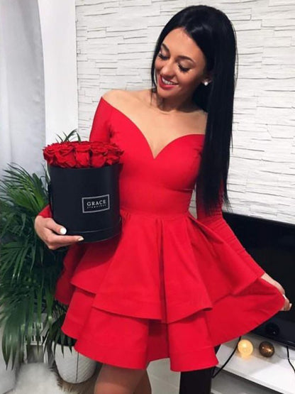 Vestidos cortos/mini de crepé elástico, hombros descubiertos, volantes y manga larga, corte A/princesa