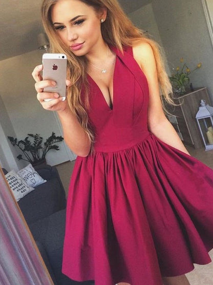 A-Line/Princess V-neck Satin Ruched Sleeveless Short/Mini Dresses
