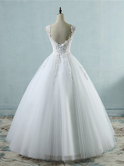 Vestido de novia de tul con escote en V, sin mangas, escote corazón, largo hasta el suelo y apliques