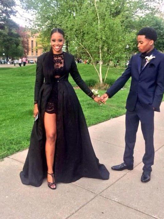 Vestidos de satén con encaje, corte princesa, mangas largas, joya, cola larga y escote barrido