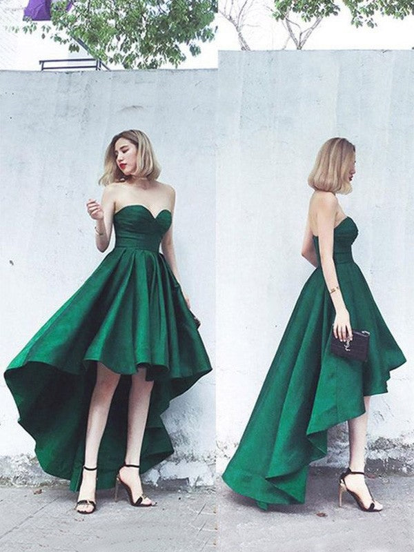 Vestidos de fiesta asimétricos de satén con volantes, escote corazón, sin mangas y corte princesa