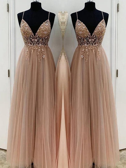 A-Line/Princess Beading Tulle Spaghetti Straps Sleeveless Floor-Length Dresses