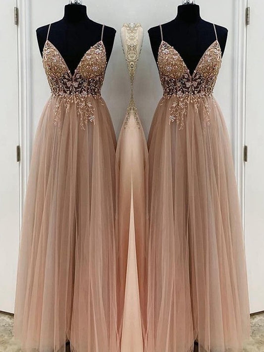 A-Line/Princess Beading Tulle Spaghetti Straps Sleeveless Floor-Length Dresses