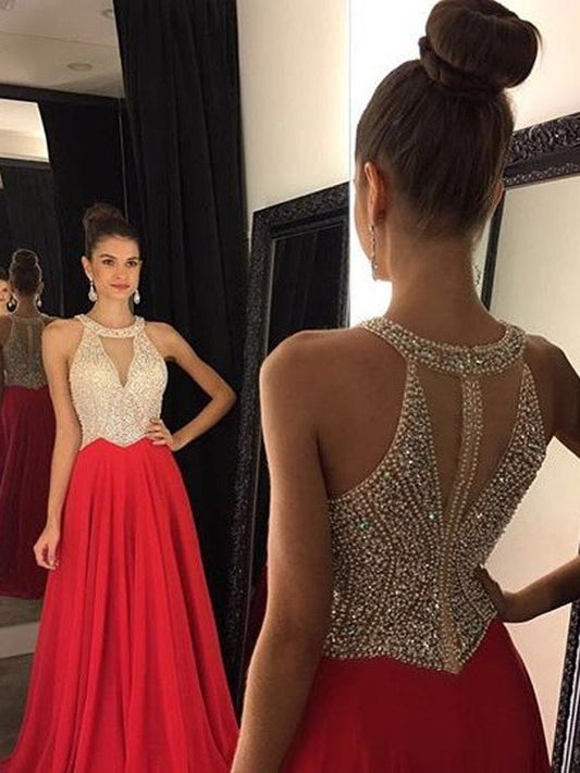 Vestidos de gasa de corte A/princesa, sin mangas, con cuello halter y cuentas, con cola larga