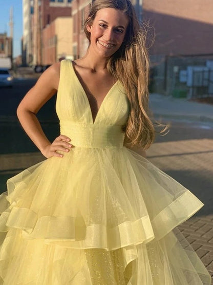 Ball Gown Floor-Length V-neck Ruffles Sleeveless Tulle Dresses