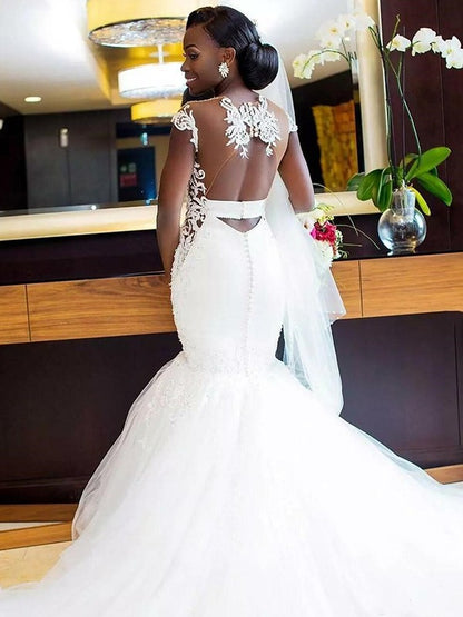 Trumpet/Mermaid Tulle Applique V-neck Sleeveless Sweep/Brush Train Wedding Dresses