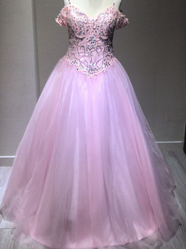 Ball Gown Sleeveless Spaghetti Straps Tulle Crystal Floor-Length Dresses
