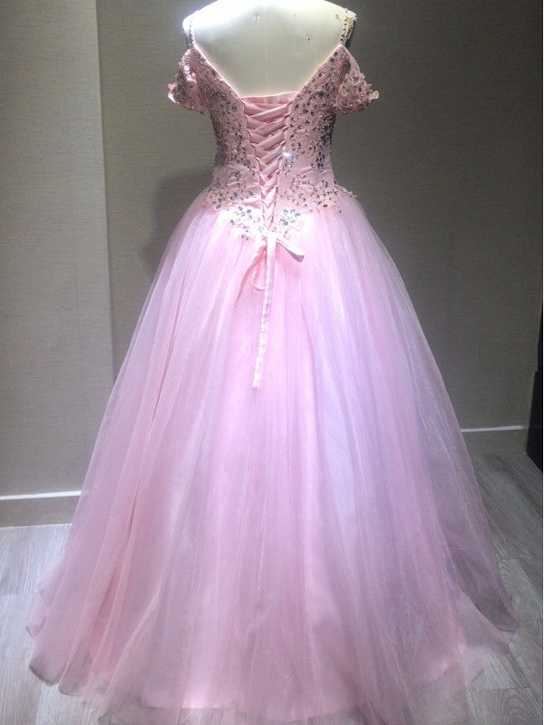 Ball Gown Sleeveless Spaghetti Straps Tulle Crystal Floor-Length Dresses