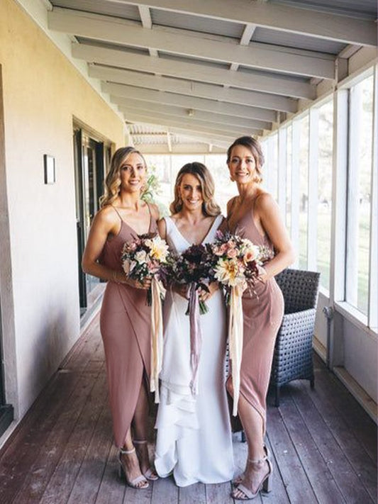 Sheath/Column Stretch Crepe Ruched V-neck Sleeveless Asymmetrical Bridesmaid Dresses