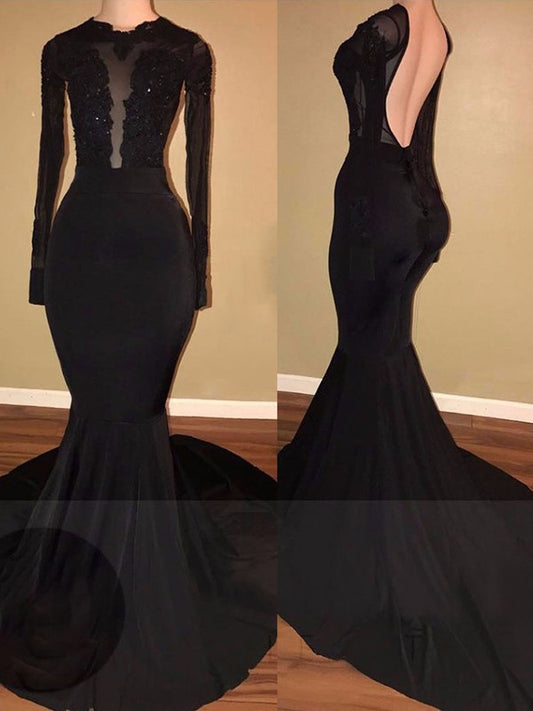 Vestidos de corte sirena/trompeta con encaje de satén elástico y mangas largas con escote redondo y cola capilla