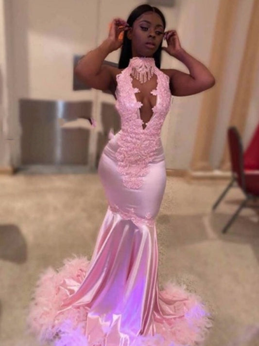 Vestidos de corte sirena/trompeta con apliques de satén elástico tejido, cuello alto, sin mangas y cola larga