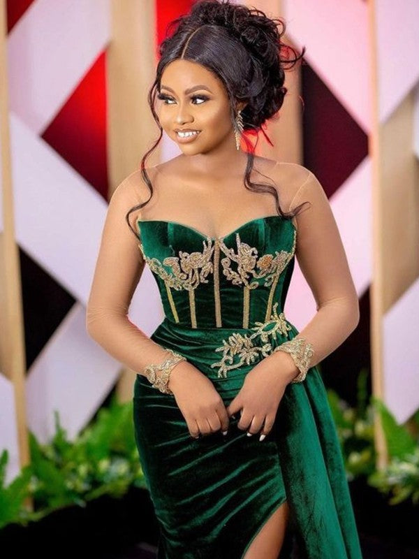 Vestidos de terciopelo con apliques, escote redondo, sin mangas y cola larga