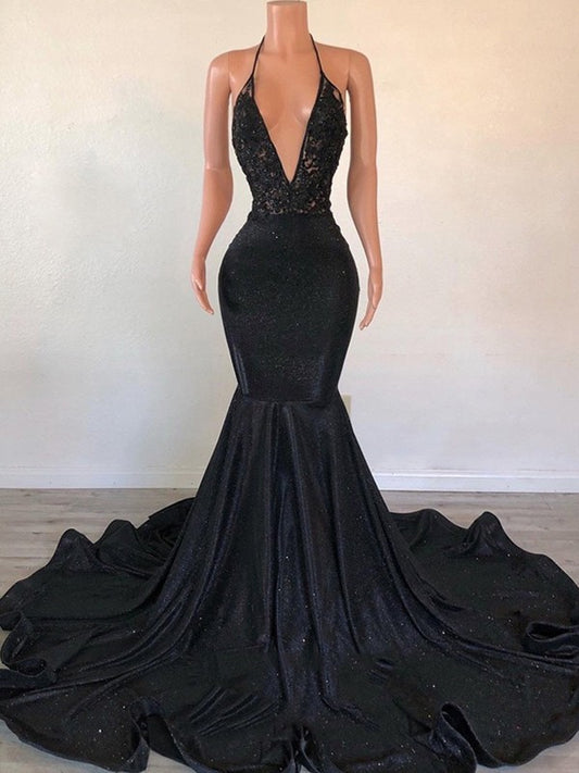 Vestidos de corte trompeta/sirena con escote en V, sin mangas y cola larga