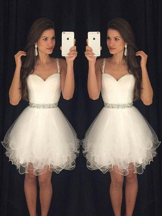 Vestidos cortos/mini de tul con escote en forma de A/princesa, sin mangas, con escote en forma de corazón y cuentas