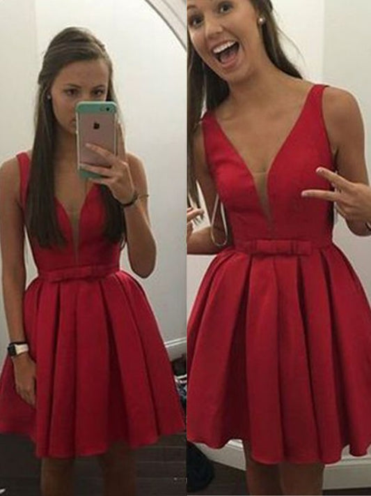 Vestidos cortos/mini de satén con escote en V, sin mangas, corte A/princesa y lazo