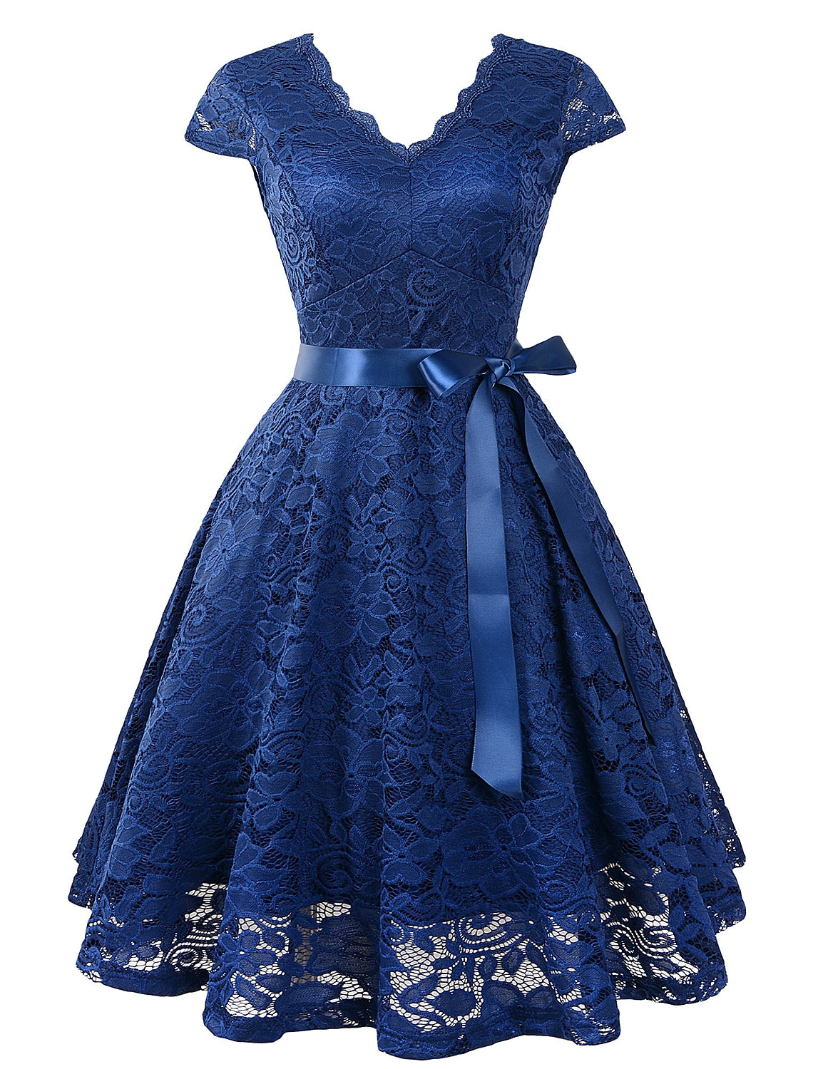 A-Line Cocktail Dresses Vintage Dress Wedding Guest Graduation Knee Length Short Sleeve V Neck Lace V Back with Sash / Ribbon Pleats