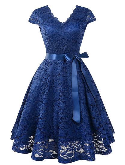 A-Line Cocktail Dresses Vintage Dress Wedding Guest Graduation Knee Length Short Sleeve V Neck Lace V Back with Sash / Ribbon Pleats