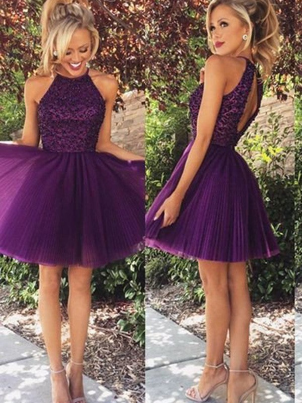 Vestidos cortos/mini de tul con escote halter, sin mangas y corte princesa con abalorios