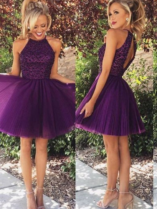 Vestidos cortos/mini de tul con escote halter, sin mangas y corte princesa con abalorios