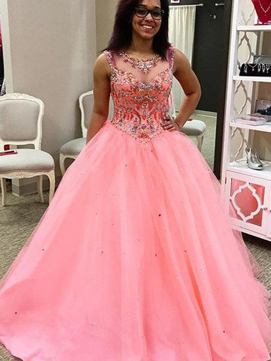 Vestidos de baile con escote corazón, sin mangas, de tul con cuentas y hasta el suelo