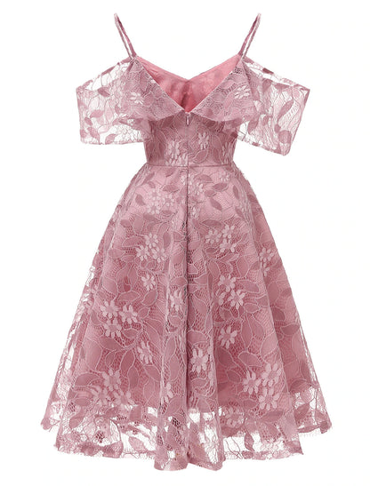 A-Line Cocktail Dresses Vintage Dress Party Wear Knee Length Short Sleeve V Neck Lace with Lace Insert Pattern