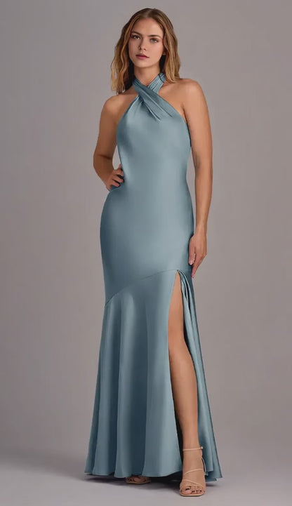 Elegant Plus Size Halter Neck Satin Mermaid Maxi Dress with Open Back Prom Dress