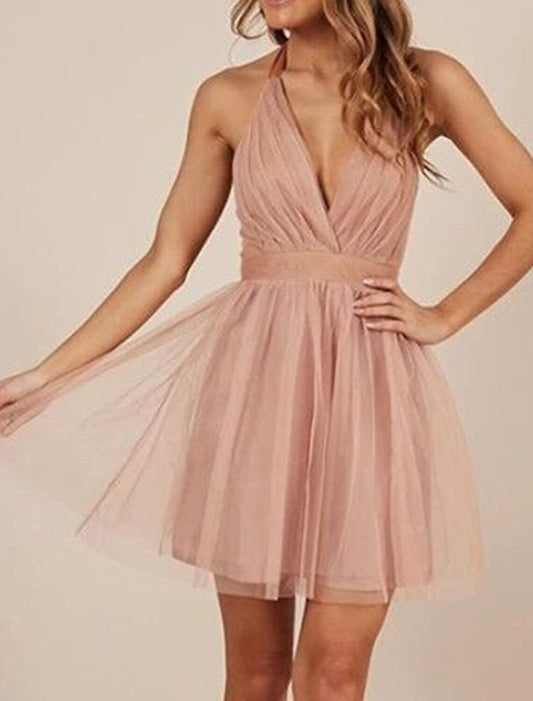 A-Line Minimalist Sexy Homecoming Cocktail Party Dress Halter Neck Sleeveless Short / Mini Tulle with Sash / Ribbon Pleats