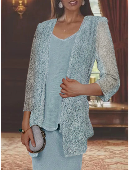 Two Piece Mermaid / Trumpet Mother of the Bride Dress Formal Wedding Guest Elegant Casual V Neck Ankle Length Lace Linen Cotton Blend Sleeveless Jacket Dresses with Ruffles Appliques