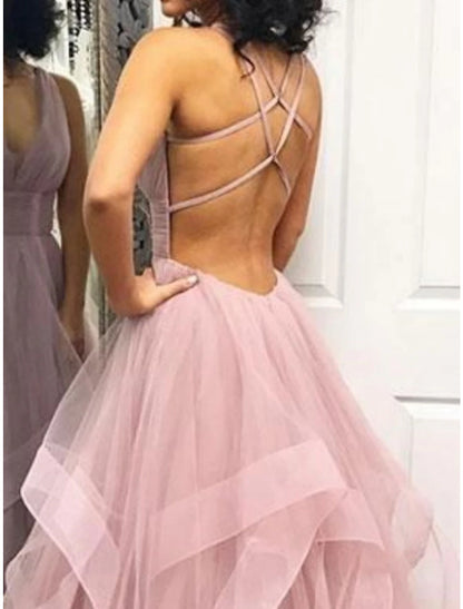 Vestido de fiesta de gala con capas plisadas, para invitadas de boda, quinceañera, largo hasta el suelo, sin mangas, cuello en V, organza, espalda descubierta y volantes entrecruzados.