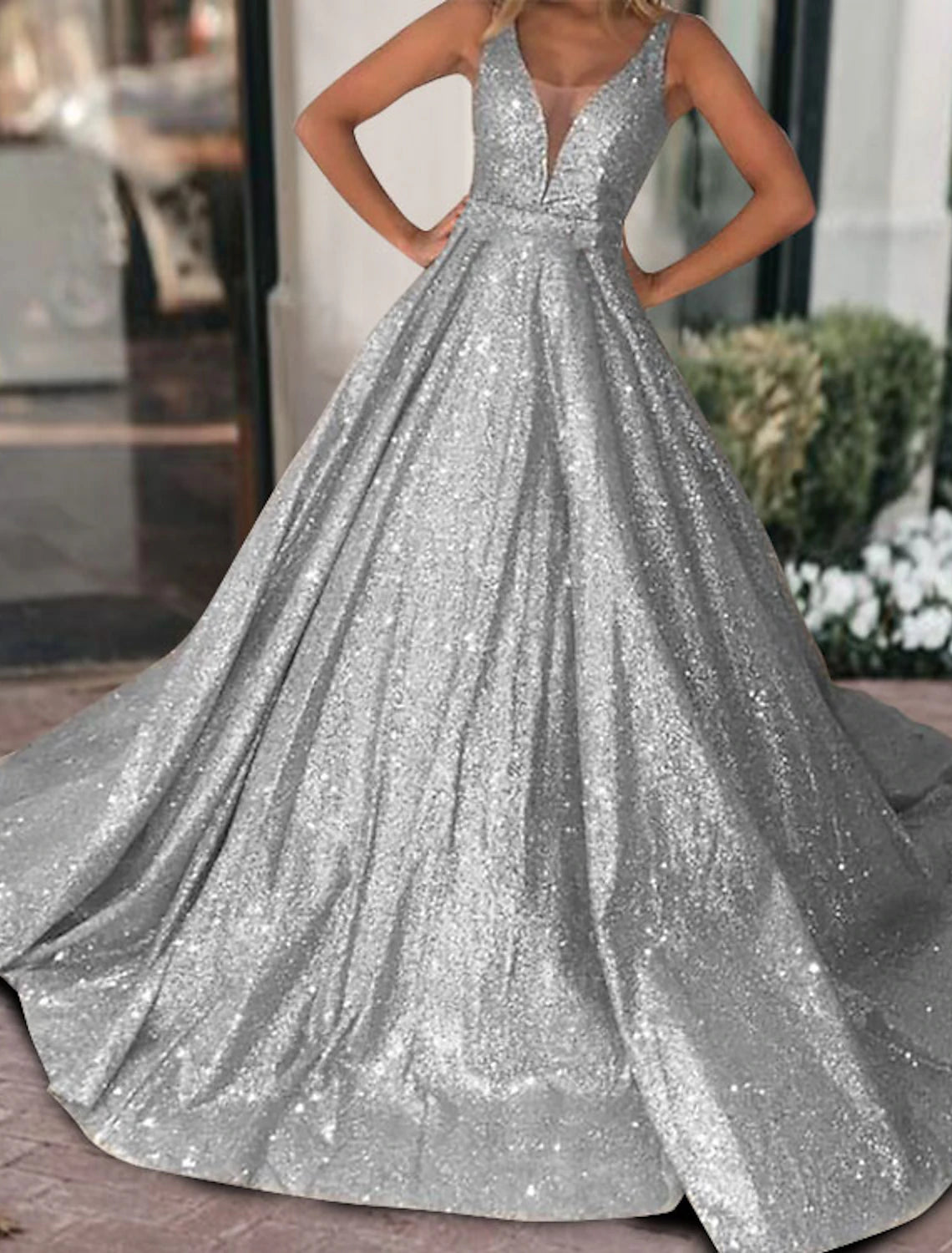 Vestido de fiesta negro con purpurina, vestido lujoso de tul brillante para fiesta de bodas, quinceañera, cola larga/cepillo, sin mangas, escote en V, tul, espalda en V con lentejuelas