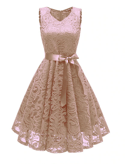 A-Line Cocktail Dresses Minimalist Dress Wedding Guest Homecoming Short / Mini Sleeveless V Neck Lace with Bow(s) Pleats
