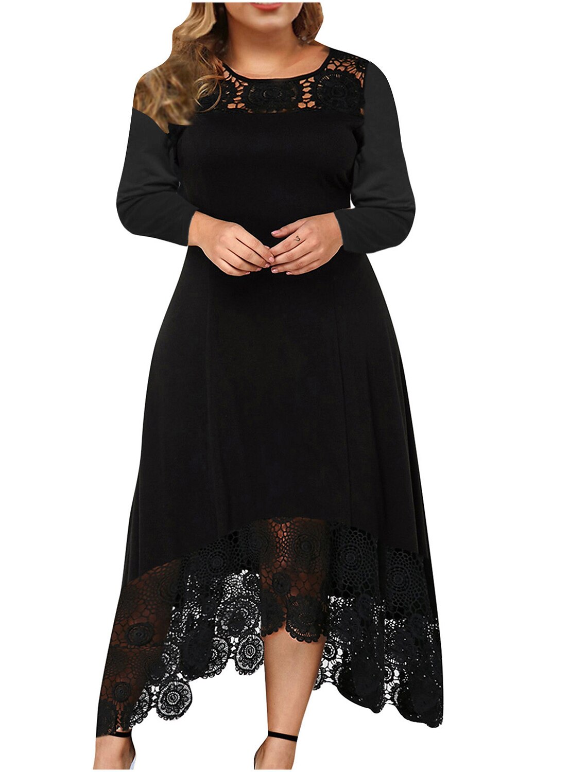 Vestidos de cóctel de corte A, talla grande, para fiesta, para invitados de boda, largo hasta el tobillo, manga larga, cuello joya, licra, con inserción de encaje, color puro
