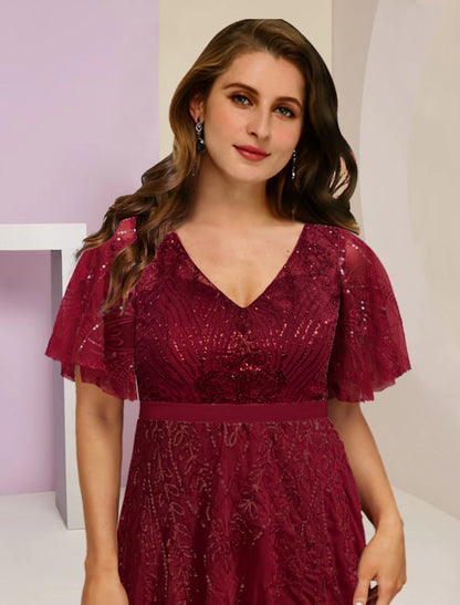 Plus Size Curve Mother of the Bride Dress Wedding Guest Elegant Sparkle & Shine V Neck Floor Length Chiffon Lace Sequined Short Sleeve with Pleats Split