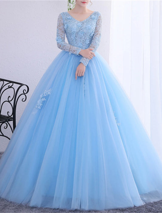 Vestido de quinceañera estilo princesa, largo hasta el suelo, manga larga, escote en V, poliéster con apliques de cristales.