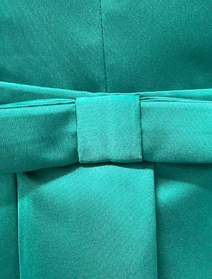 Vestido de noche elegante de corte A, vestido navideño rojo y verde, vestido formal para invitada de boda, largo hasta el suelo, manga 3/4, escote en V, satén con lazo(s).