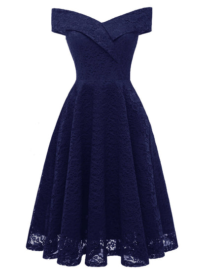 A-Line WE Party Dress Holiday Knee Length Short Sleeve Off Shoulder Lace with Pleats Lace Insert