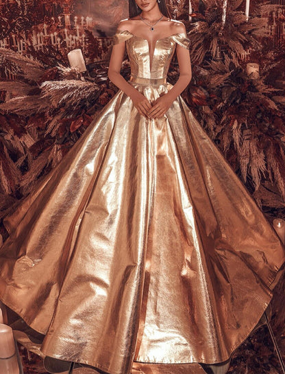 Vestido de noche de corte A, estilo celebridad, para carnaval, quinceañera, con cola larga y mangas cortas, hombros descubiertos, estilo El Gran Gatsby, de PU con brillo.