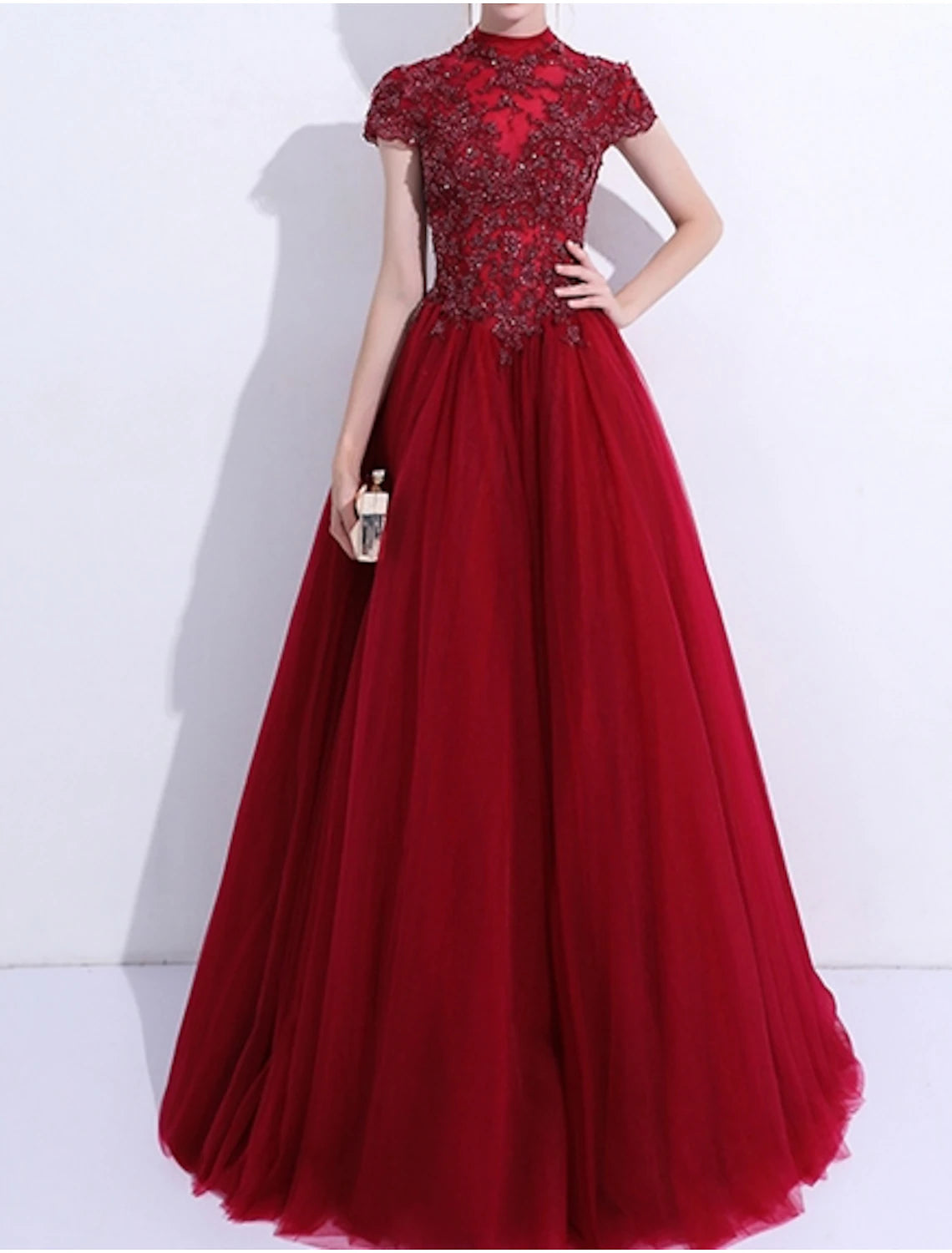 A-Line Evening Gown Vintage Dress Quinceanera Wedding Guest Floor Length Short Sleeve High Neck Tulle with Pleats Appliques