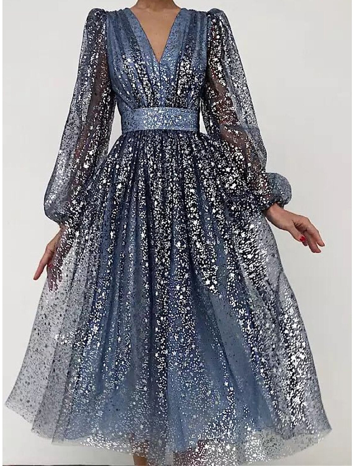 Women's Sequin Dress Party Dress Homecoming Dress Midi Dress Light Pink Pink Blue Long Sleeve Pure Color Sequins Spring Fall Winter V Neck Fashion Winter Dress Wedding Guest Birthday