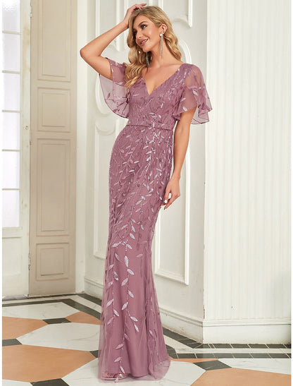 Vestido de noche de sirena/trompeta con brillo, vestido formal de cóctel, fiesta, largo hasta el suelo, manga corta, cuello en V, para invitados de boda de otoño, tul con lentejuelas