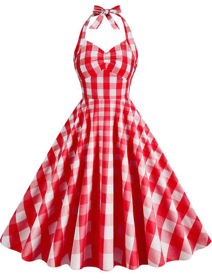 A-Line Party Dresses 1950s Dress Wedding Guest Holiday Knee Length Sleeveless Halter Neck pink hobbies Dresses Cotton with Bow(s) Pleats