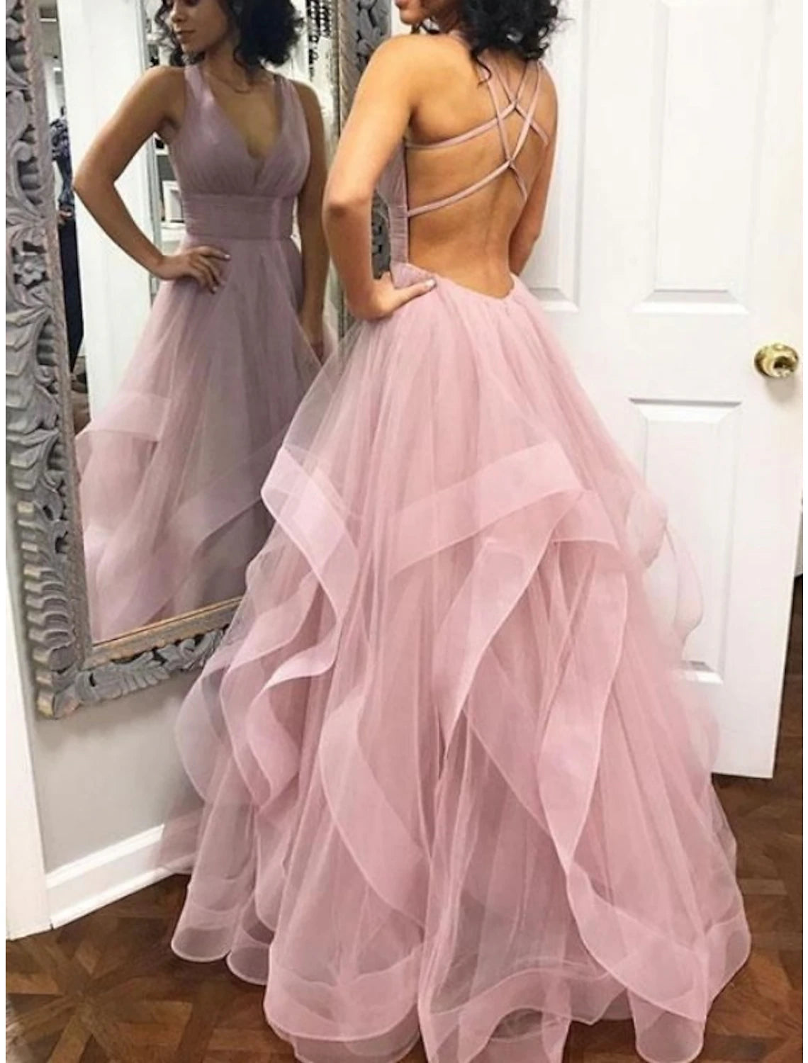 Vestido de fiesta de gala con capas plisadas, para invitadas de boda, quinceañera, largo hasta el suelo, sin mangas, cuello en V, organza, espalda descubierta y volantes entrecruzados.