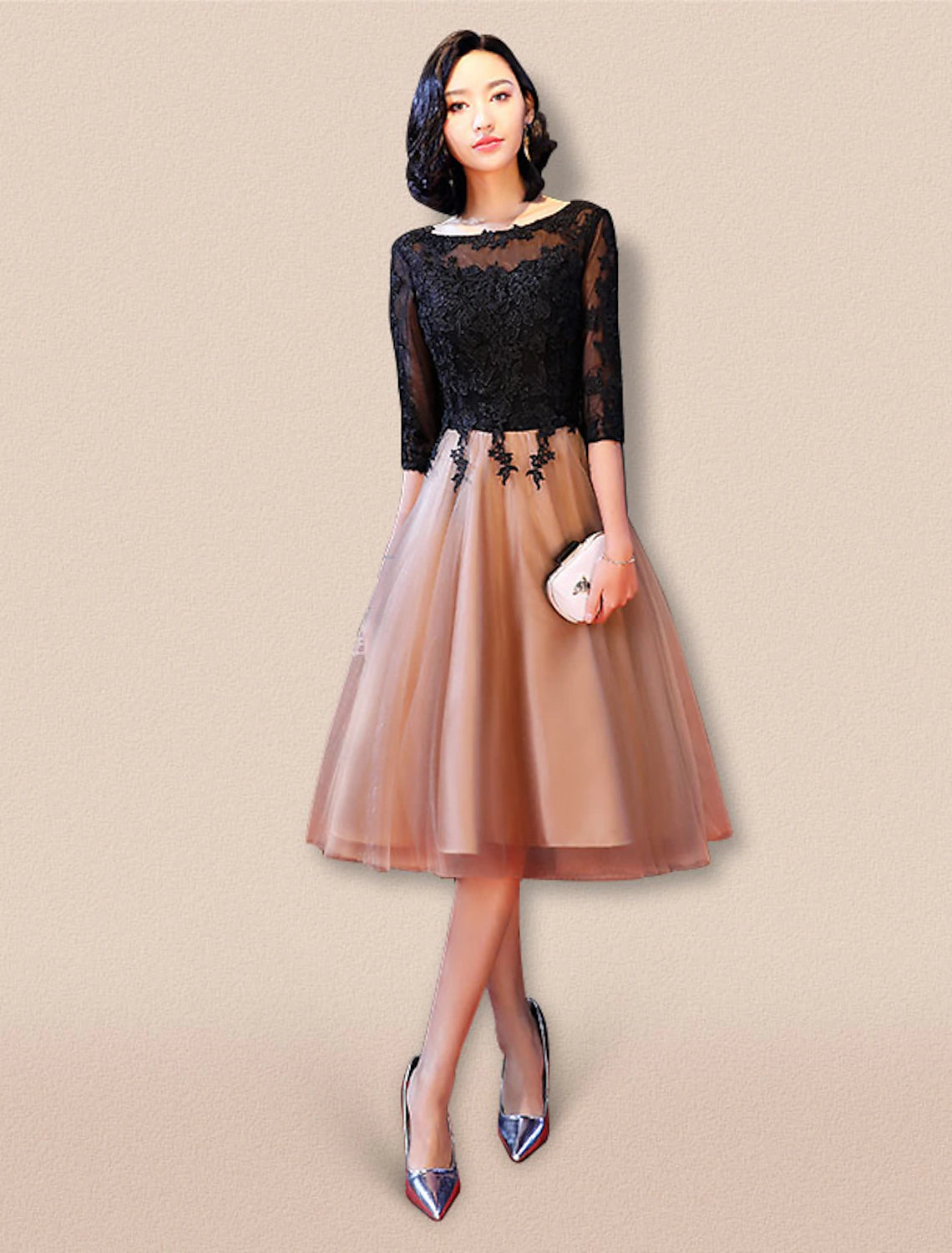 Vestido de cóctel estilo celebridad, corte A, para invitada de boda, escote barco, espalda descubierta, media manga, largo hasta la rodilla, encaje con apliques de encaje