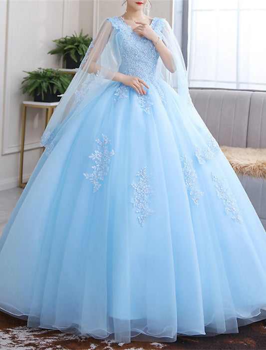 Vestido de quinceañera de princesa, vestido navideño rojo y verde, largo hasta el suelo, manga corta, escote en V, tul con apliques.
