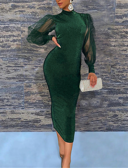 Sheath / Column Wedding Guest Dresses Elegant Dress Party Wear Semi Formal Tea Length Long Sleeve High Neck Stretch Chiffon with Pure Color