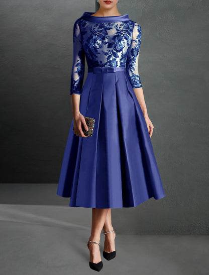 Vestido de cóctel de corte A, rojo y verde navideño, formal, estilo Kentucky Derby, largo hasta la rodilla, manga 3/4, cuello joya, para invitada de boda de otoño, satén con pliegues y apliques.