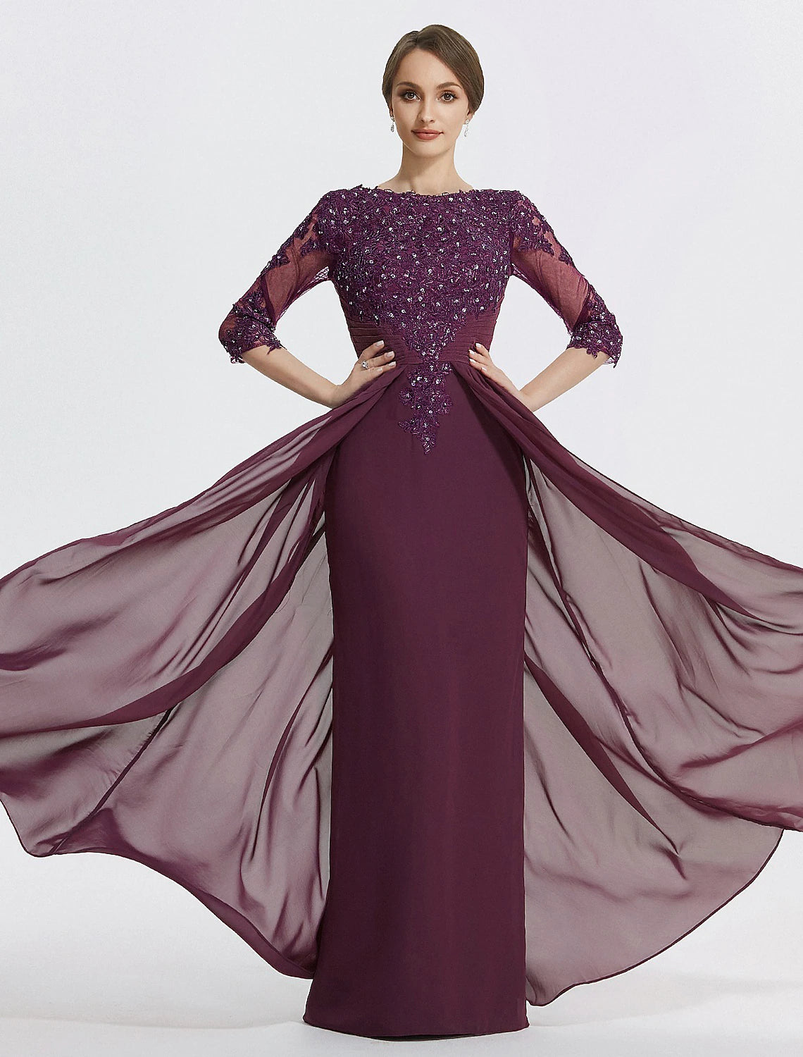 Sheath / Column Mother of the Bride Dress Formal Fall Wedding Guest Elegant Sequin Scoop Neck Floor Length Chiffon Lace 3/4 Sleeve with Appliques Sparkle & Shine